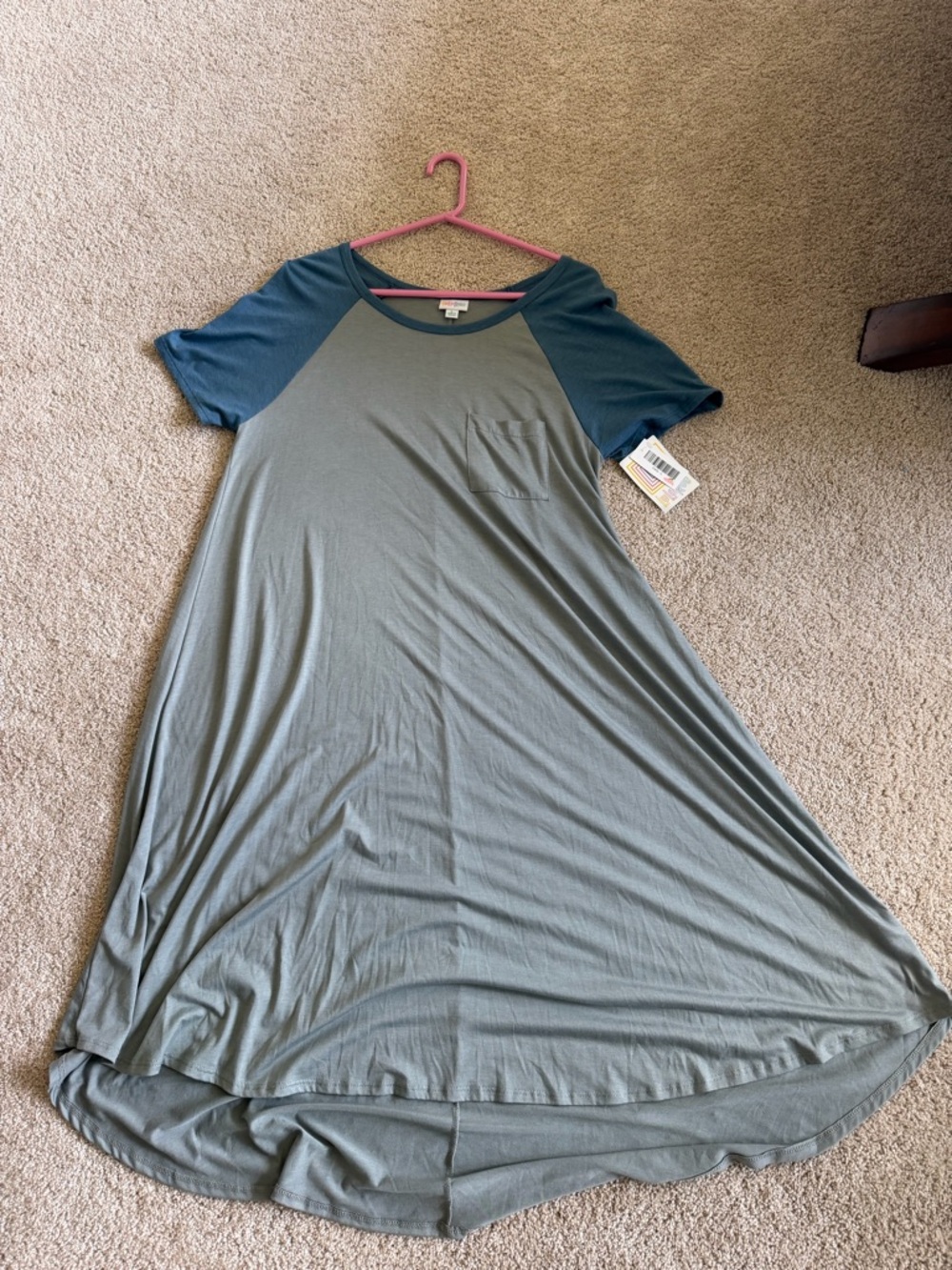 LuLaRoe Two-Tone Gray Midi Dress with Blue Sleeves